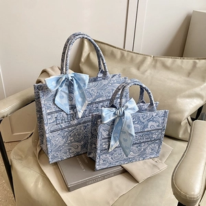 Borsa Tote da Donna in Tela Stampata Paisley Vintage Grande Capacità Con Sciarpa di Seta Retro Borsa a Spalla Etnica
