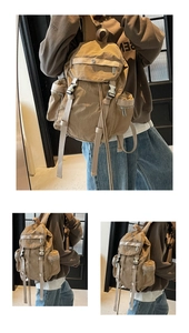 Détails du sac à dos en nylon kaki avec fermeture à rabat et multiples poches tactiques