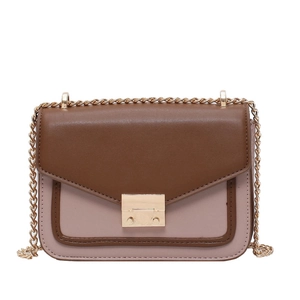 Retro color-block crossbody bag with gold chain strap and metal clasp on white background