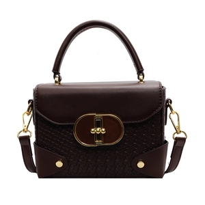 Fashionable dark brown woven PU leather crossbody bag with golden oval lock and top handle
