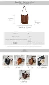 Detailed view of large PU bucket bag with dimensions and secondary pouch in five colors