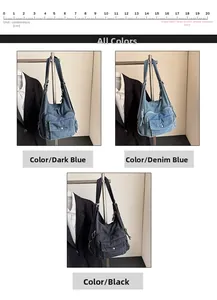 Three colors of denim shoulder bags with zipper pockets in dark blue denim blue and black