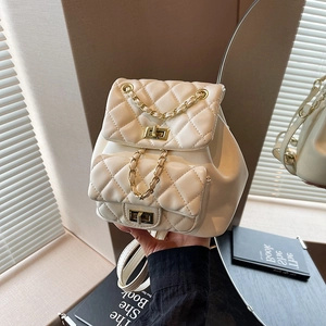 Women Quilted Chain Backpack Fashion PU Leather Rhombic Pattern Small Travel Bag With Gold Metal Lock For Daily Commuting