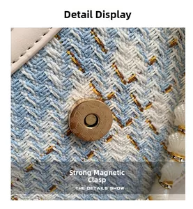Detail of magnetic snap closure on tweed shoulder bag with pearl rhinestone strap