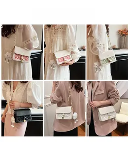 Multiple views of cross-woven crossbody bags with plush charms on models in various outfits