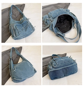 Detailed multi-angle views of blue denim shoulder bag with multi-pocket design and metallic zippers