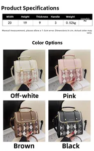 Detailed size specifications for the quilted PU leather backpack with color contrast details