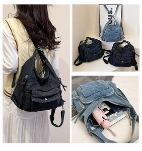 Detailed view showing multi-pocket denim backpack with large capacity and drawstring