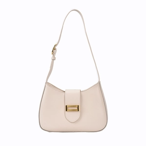 Beige faux leather baguette shoulder bag with gold metal buckle and adjustable strap