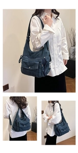 Detailed views of a washed denim shoulder bag with multi-pockets and vintage finish