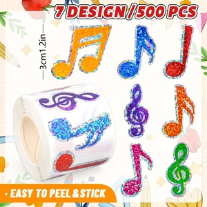 500pcs laser music note stickers roll with 7 colorful holographic designs 1.2 inch size
