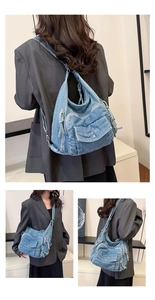 Detailed views of washed blue denim hobo bag with multiple zippers and adjustable strap