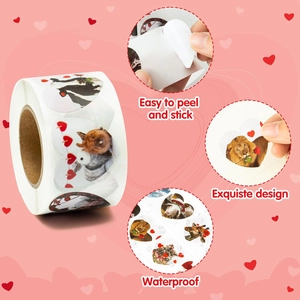 Waterproof heart-shaped animal stickers with realistic cat and rabbit designs on rolls