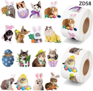 Close-up of 16 assorted cat Easter stickers featuring bunny ears and spring flower designs