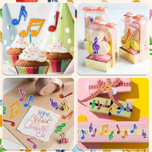 Detail showing glitter music note stickers used for cupcake and gift bag decoration