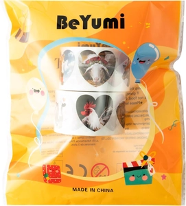 Close-up of two rolls of realistic animal heart stickers in a clear BeYumi brand package