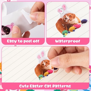 Waterproof Easter cat stickers showing easy peel off feature and laptop decoration