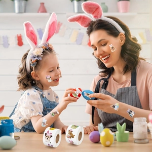 Family decorating Easter eggs with dog-themed stickers for festive party crafts