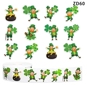 Detail of St. Patrick's Day sticker roll with cartoon leprechaun and clover designs