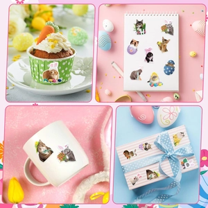 Cute Easter cat stickers applied to cupcake wrappers, mugs, notebooks, and gift boxes