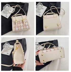 Quilted diamond pattern handbag showing front, back, side views and golden base studs