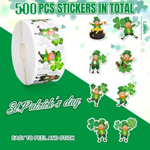 500pcs St. Patrick's Day sticker roll with 1.2 inch leprechaun and clover patterns