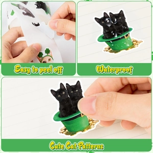 Waterproof St. Patrick's Day cat stickers with shamrock motifs and easy-peel backing