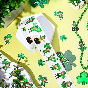St. Patrick's Day sticker roll featuring leprechaun and shamrock designs on yellow background