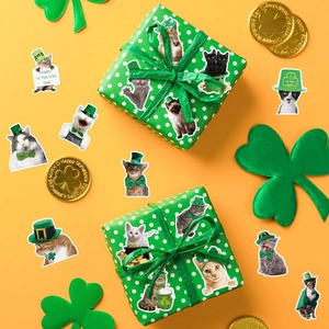 Cute St. Patrick's Day cat stickers with green hats and shamrocks on orange background