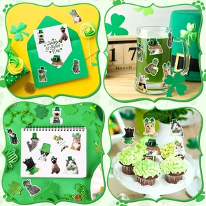 Cute St. Patrick's Day cat stickers set with green clover designs for kids' DIY crafts