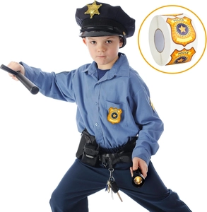 Panoplie de policier pour enfants avec uniforme, chapeau et rouleau d'autocollants insignes