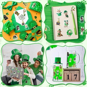 Close-up of St. Patrick's Day dog stickers applied on a laptop and water bottle surfaces