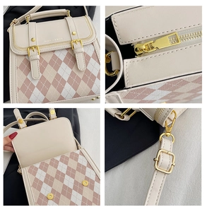 Detailed views of checkered beige crossbody bag with fashion prints and metal hardware