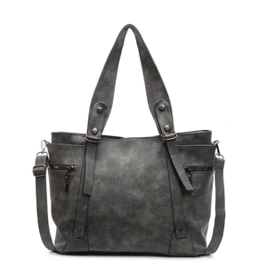 Grand sac cabas vintage gris pour femme en cuir mat avec bandoulière réglable