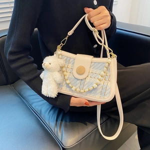 Vintage Tweed Patchwork Bucket Bag With Faux Artificial Pearl Chain And Bear Pendant PU Leather Small Crossbody Bag For Women