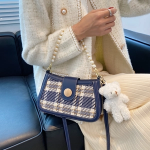 Retro blue tweed shoulder bag with pearl handle and plush bear pendant for women