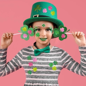 Kids St. Patrick's Day set with shamrock top hat, green bow tie, and festive fairy wands