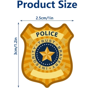 Vue détaillée des dimensions des autocollants d'insigne de police de 2,5 cm par 3 cm