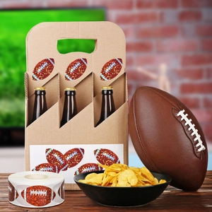 Glittering football stickers on a beer carrier, perfect for game day decorations