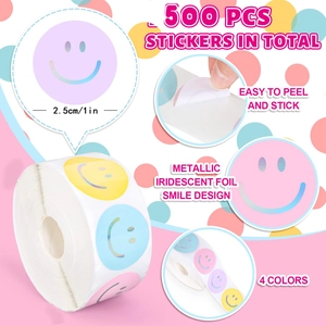 500-count roll of 1-inch holographic laser smiley face reward stickers in four bright colors
