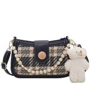 Retro tweed and blue leather shoulder bag with pearl chain and cute bear pendant