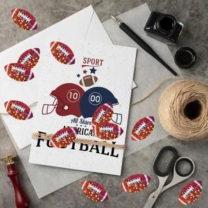 Glittery American football stickers and card on a vintage desk with creative handcraft tools