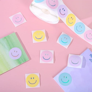 Roll of colorful laser smiley face reward stickers in vibrant macaron shades for kids