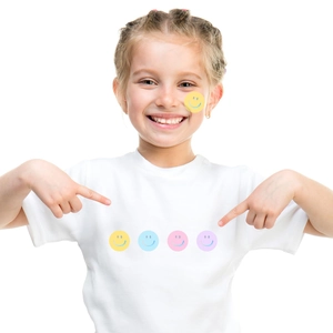 Kids white cotton t-shirt with four colorful smiley faces on the front for a playful style