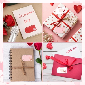 Detail van Valentijnsdag stickers met harten en beren op cadeauverpakkingen en enveloppen
