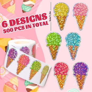 500pcs laser ice cream stickers roll, 6 colorful designs for gift sealing decoration
