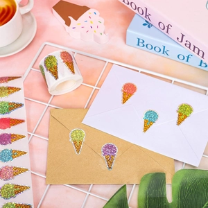 Holographic glitter ice cream stickers for gift sealing and DIY crafts on a roll