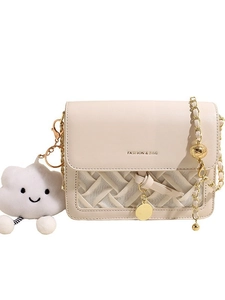 Creamy white woven leather crossbody bag with gold chain and cloud charm detail