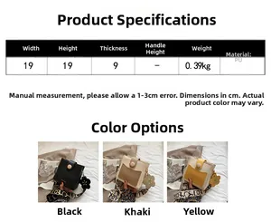 Guide des tailles pour sac seau en cuir PU, dimensions 19x19x9cm, en noir, kaki et jaune