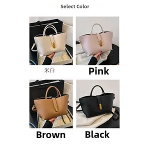 Detailed view of four colors of lychee grain leather bucket bags with gold hardware lock